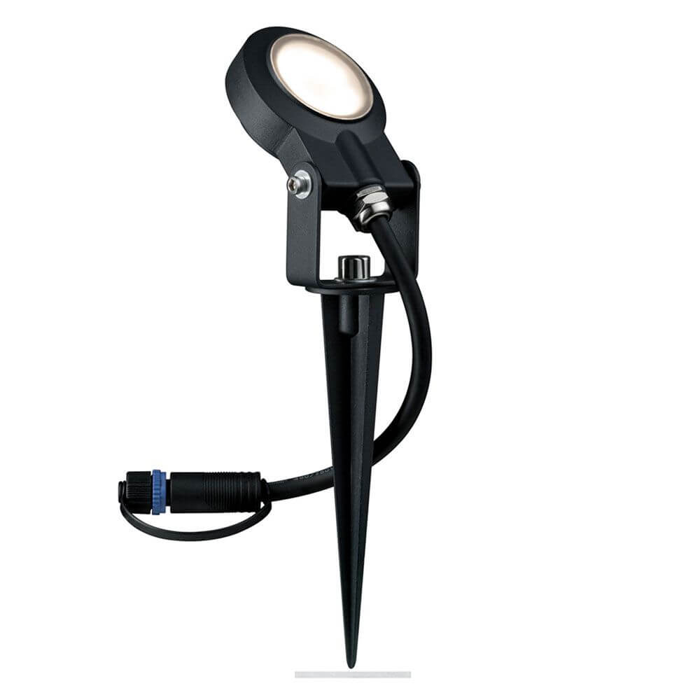 LED Plug & Shine Außenstrahler Sting 100° IP67 3000K Anthrazit auf einem Erdspieß, ideal für Außenbeleuchtung.
