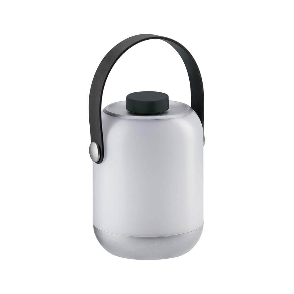 Akku LED Tischleuchte Clutch in Silber mit Tragegriff, dimmbar und wasserdicht, ideal für den Außenbereich.