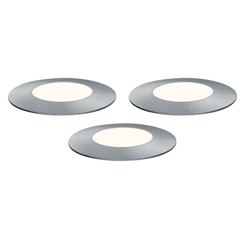 LED Plug & Shine Floor Mini Erweiterungsset IP65 24V 3000K 3x2, 5W in drei separaten Bodeneinbaustrahler-Designs.