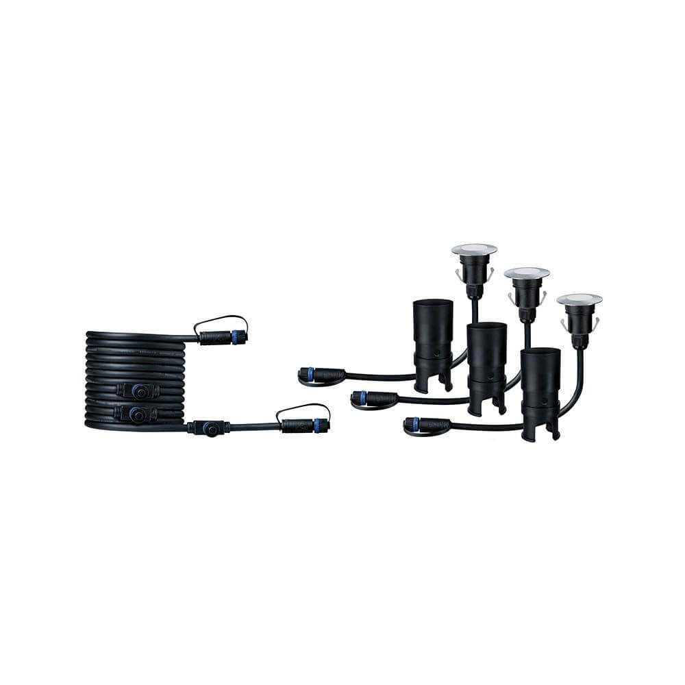 LED Plug & Shine Floor Mini Erweiterungsset IP65 24V 3000K 3x2, 5W mit drei Bodeneinbaustrahlern und Verbindungskabel.