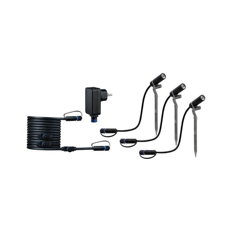 LED Plug & Shine Spot Plantini Set 24V 3000K 3x2, 5W mit drei warmweißen Erdspießen und Trafo.