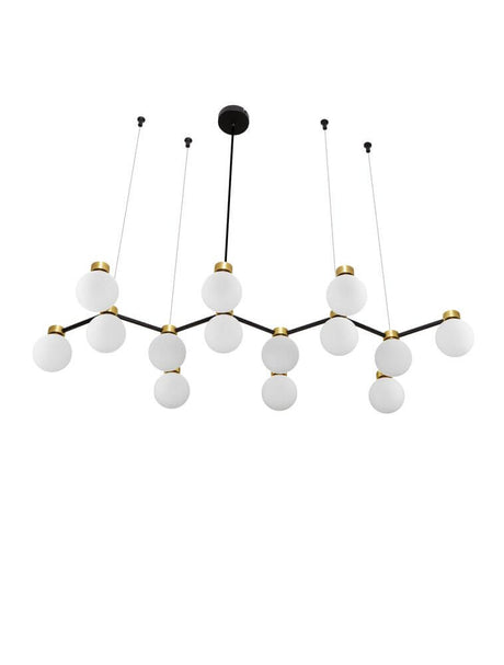 Ovalino pendel 14-pære satin guld, sort, hvid - moderne, stilfuldt med kugler af opalglas.