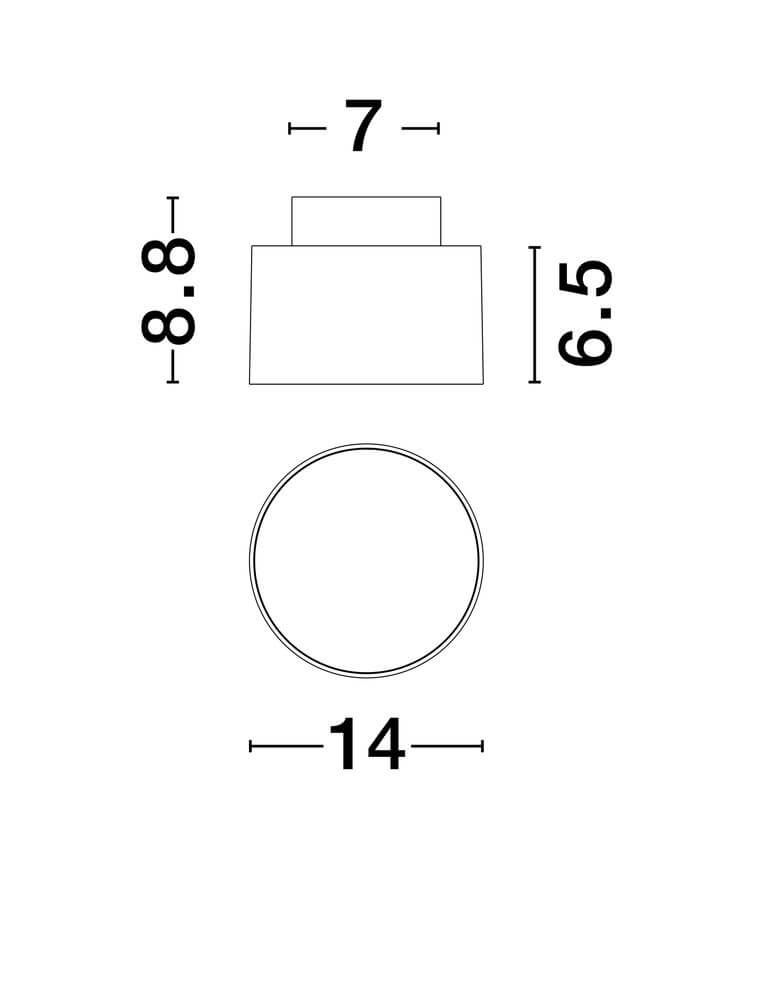 Technische Zeichnung der Ozen LED Deckenleuchte Ø 14cm 3000K mit Maßen.