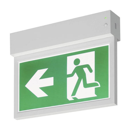 P-Light Emergency Exit Sign Wand- & Deckenlampe Weiß mit grünem Ausrufezeichen nach links.