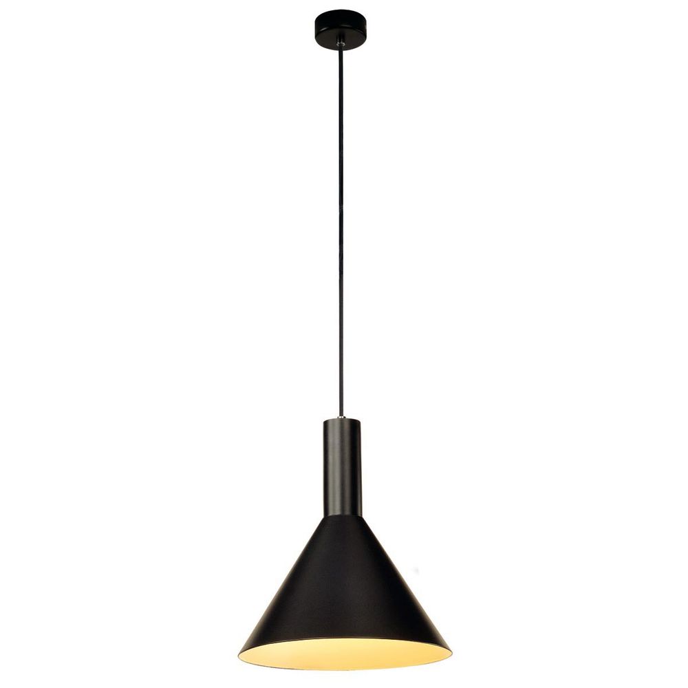 PHELIA Pendelleuchte 2 Schwarz in konischer Form mit runder Deckenrosette und 200 cm Pendellänge.