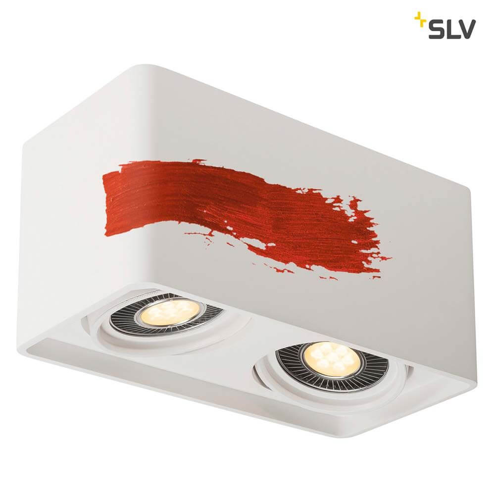 Plastra Gips Deckenleuchte 2-flammig LED Rechteckig mit Rotem Farbstrich und zwei QPAR111 LED Leuchtmitteln.