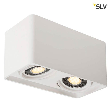 Plastra Gips Deckenleuchte 2-flammig LED rechteckig mit puristischer Form und QPAR111 LED Leuchtmitteln.