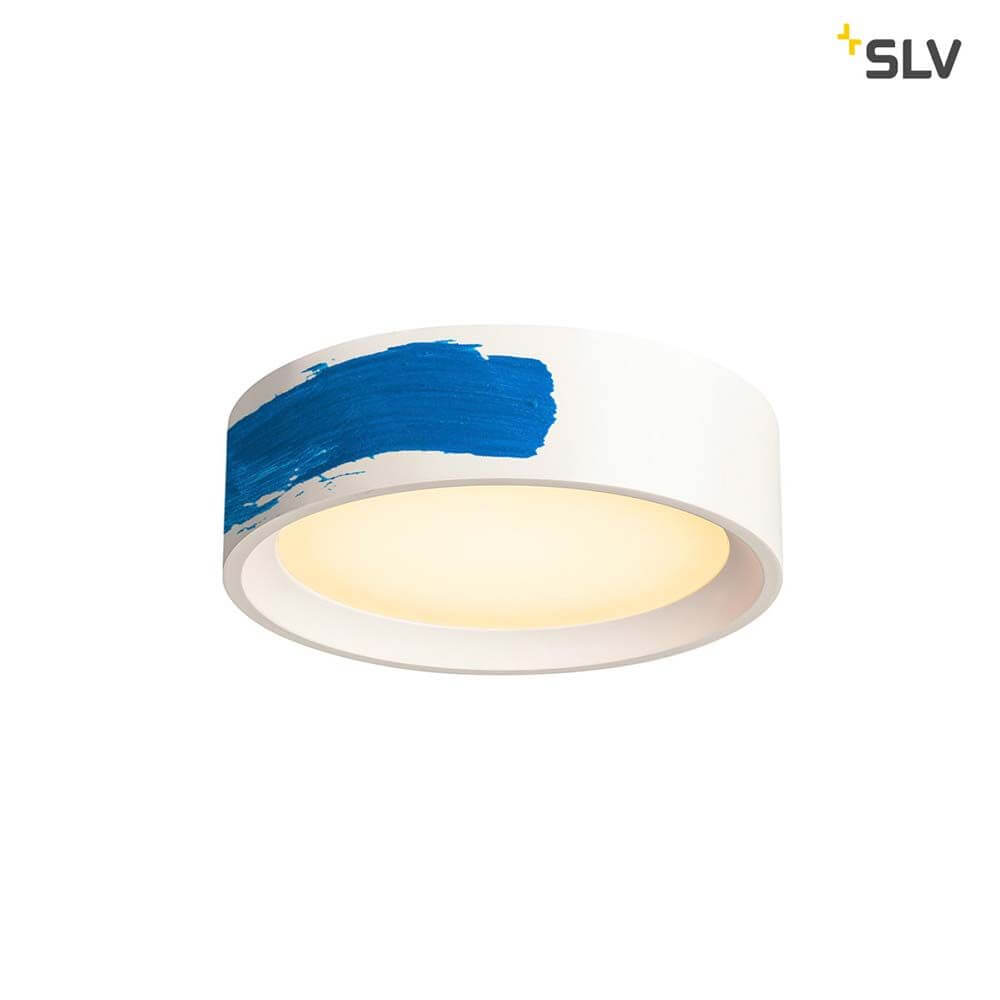 Plastra LED Deckenleuchte Weiß 3000K mit blauem Akzent, moderne und dimmbare Gipsleuchte für individuelle Raumgestaltung.