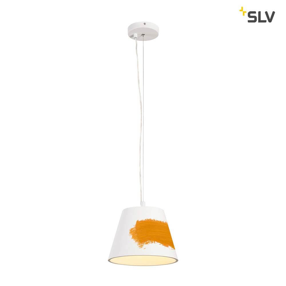 Plastra Pendelleuchte TCR-TSE Weiß mit orangefarbener Oberflächengestaltung in minimalistischer Form.