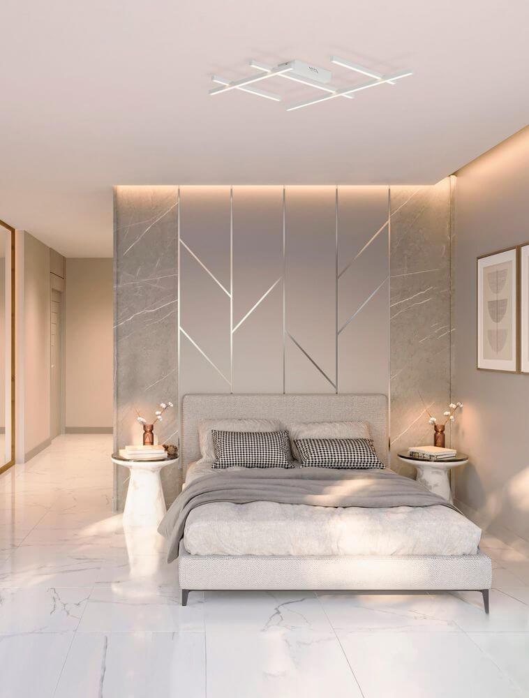 Pace LED Deckenleuchte 80cm 5-flammig 3000K Weiß im modernen Schlafzimmer mit eleganter Einrichtung.