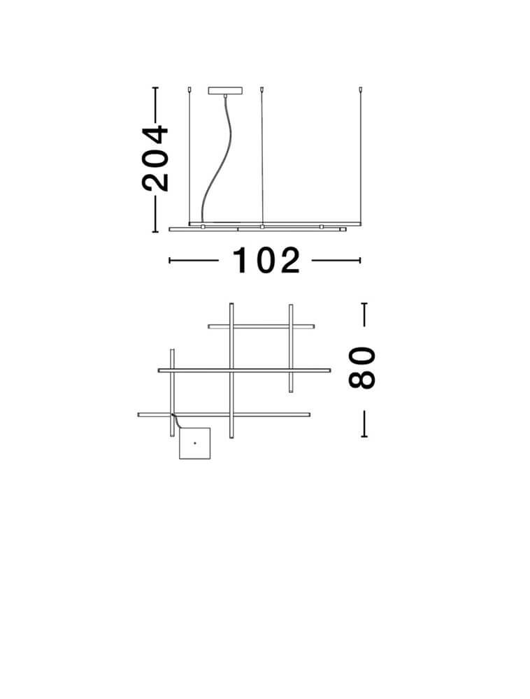 Pace LED Pendelleuchte 6-flammig 3000K – technische Zeichnung mit Abmessungen 204x102x80 cm, schwarze Aluminium-Acryl Leuchte