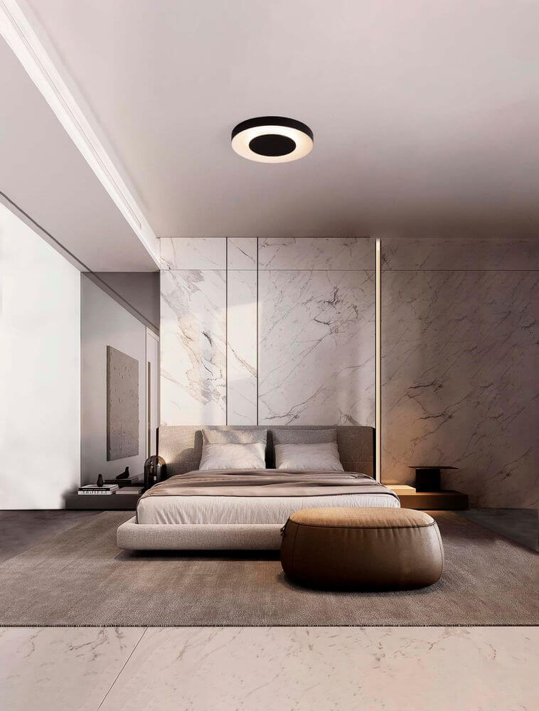 Moderne Schlafzimmerbeleuchtung mit PADA Deckenleuchte Ø 40cm 2700 4000K, stilvolles Design und angenehme Lichtfarbe.