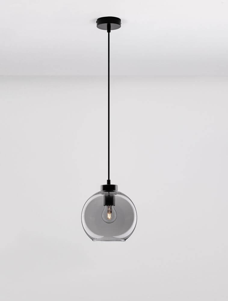 Palmer Pendelleuchte Ø 20cm Schwarz, Rauch Hängelampe mit Rauchglas und Stahl, perfekt für Art-Deco-Interieurs.