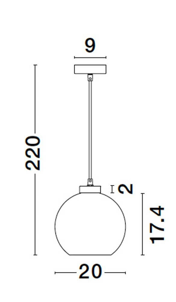 Technische Zeichnung der Palmer Pendelleuchte Ø 20cm Schwarz, Rauch mit Maßen und Details.