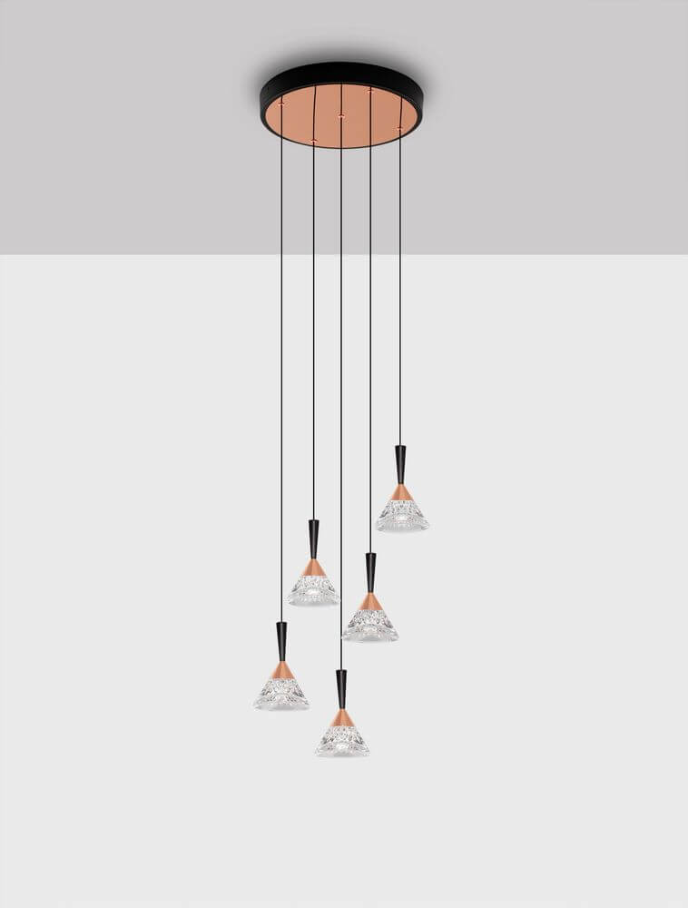 Paluz LED Pendelleuchte 5-flammig Ø 32cm 3000K Schwarz, Roségold an der Decke montiert