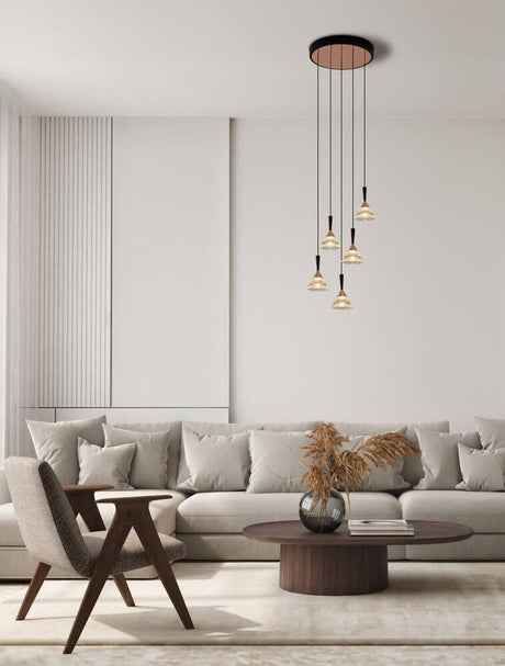Paluz LED 5-pære pendel Ø 32cm 3000K sort, rosa guld i den moderne stue.