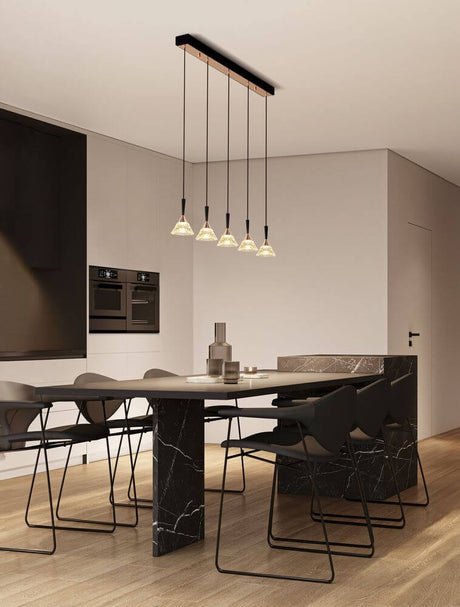 Paluz LED pendant light beam 90.5 cm 5-light 3000K black, rose gold above a stylish dining table