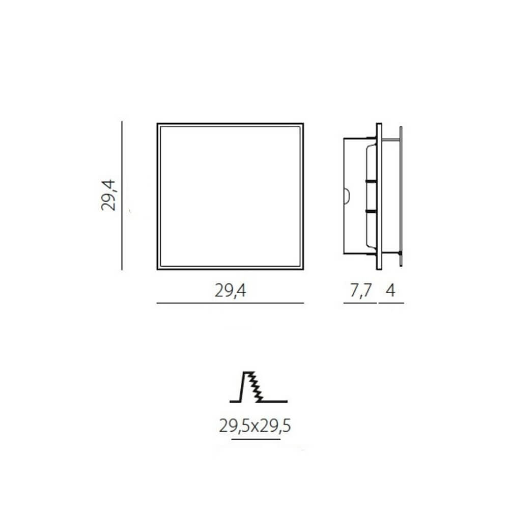 Produktmaße der Panzeri Aldecimo Einbau LED-Wandleuchte verstellbar, quadratische Form und Montageangaben