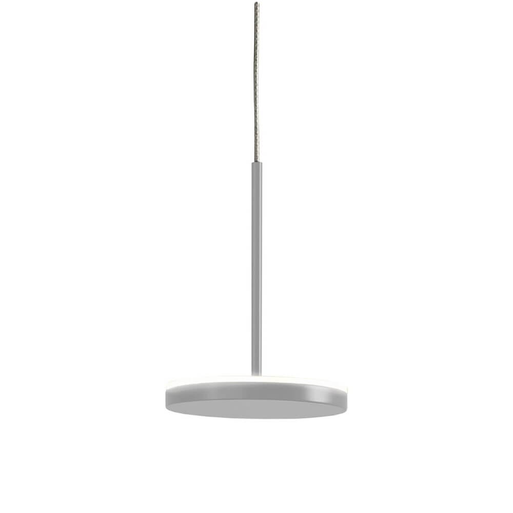 Bella LED-Pendelleuchte von Panzeri mit schlankem Stab und rundem Schirm, warmweißes licht.