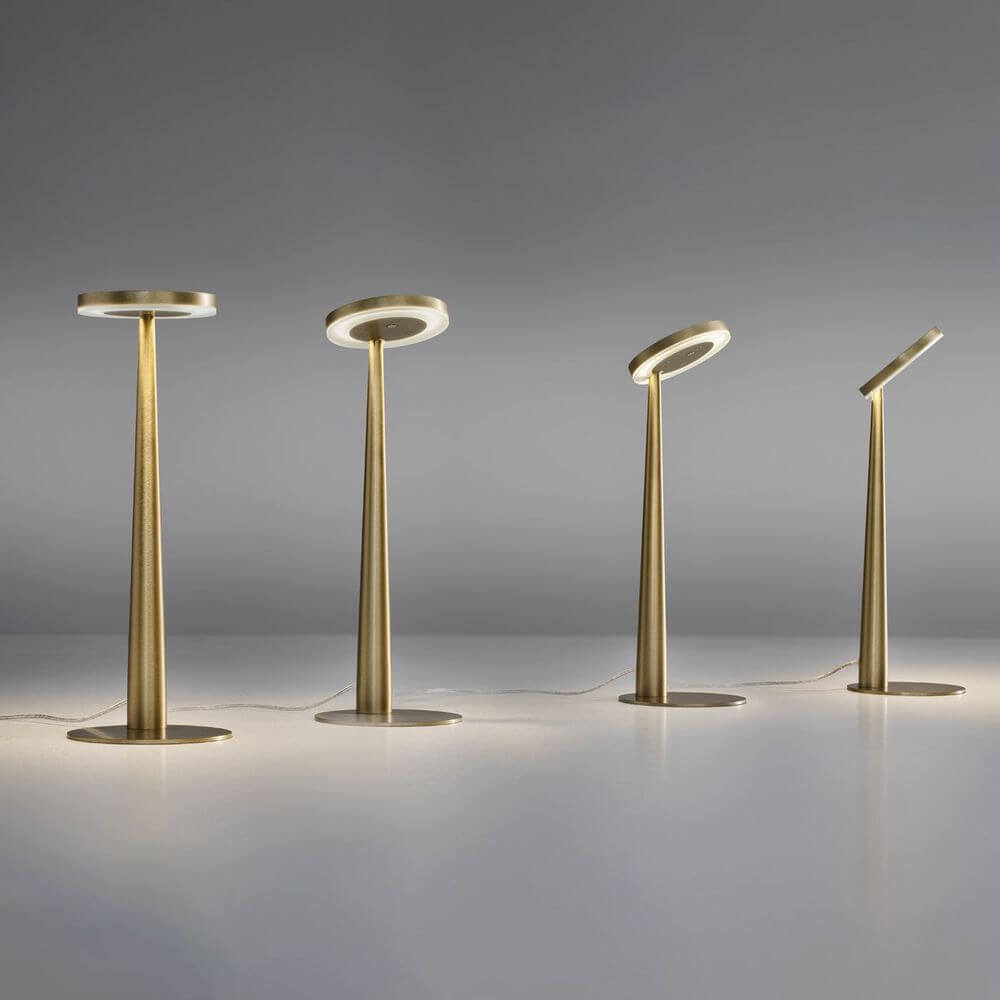 Panzeri Bella LED-Tischlampe mit Touchschalter in eleganten geometrischen Formen, warmweißem Licht.
