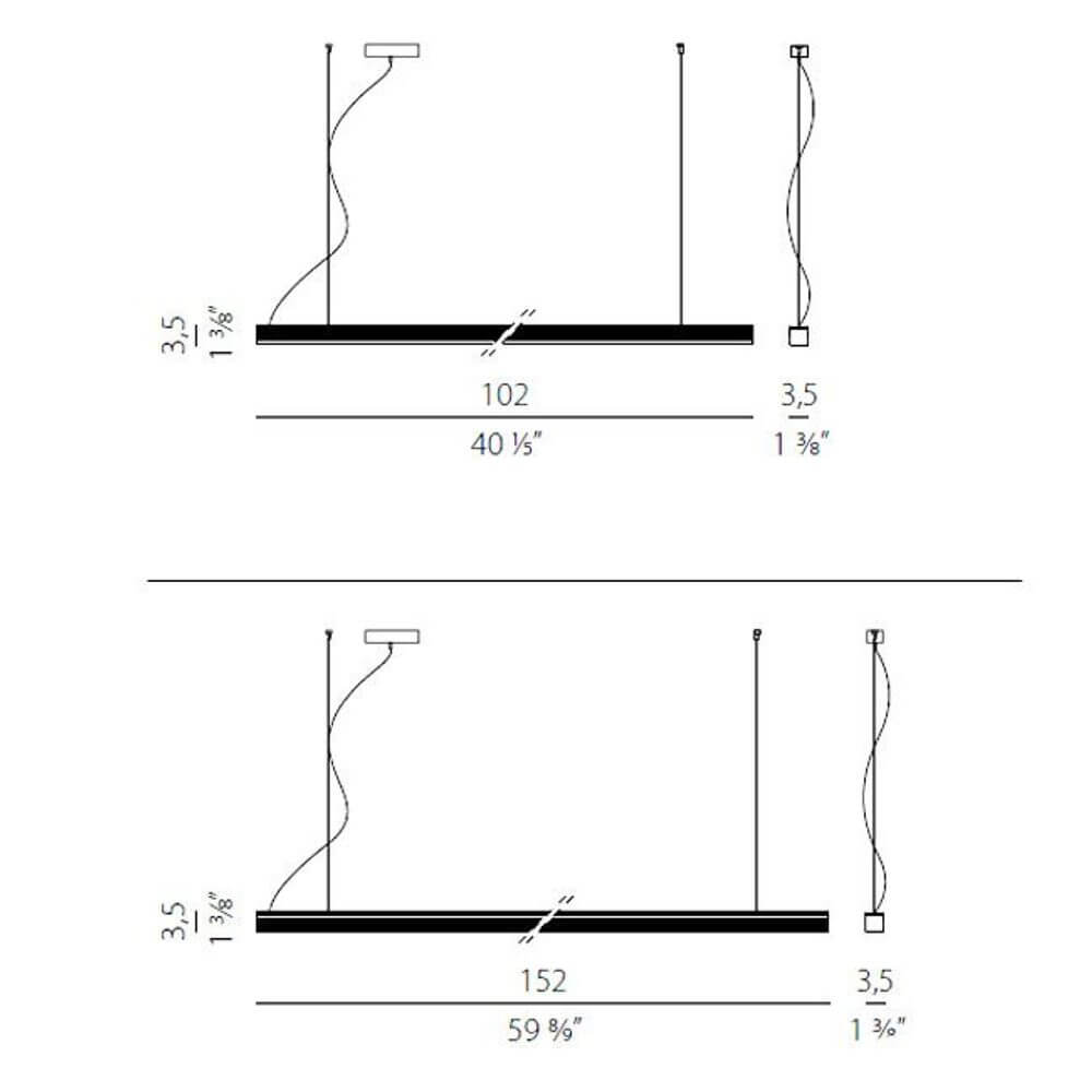 Technische Zeichnung der Panzeri Brooklyn Line LED-Pendelleuchte mit Abmessungen und Montageoptionen.