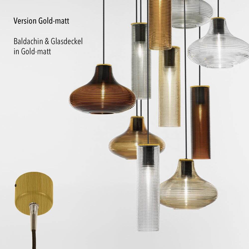 Panzeri Clio Pendelleuchten in Gold-matt mit geriffeltem Glas, ideal für einen retro Look.