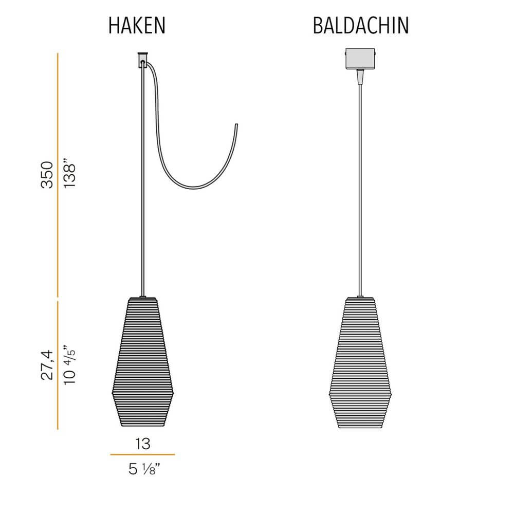 Technische Zeichnung der Panzeri Clio Pendelleuchte mit geriffeltem Glas und den Maßen für Haken und Baldachin.