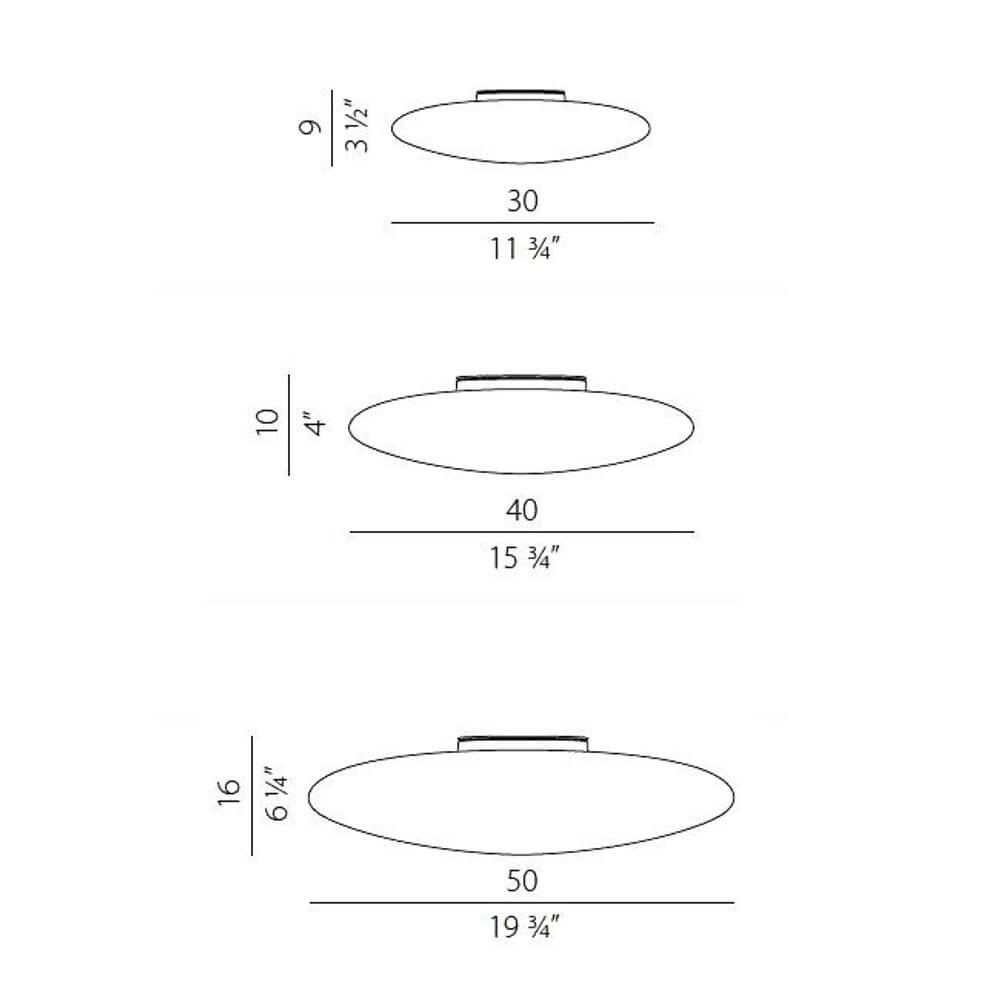 Maßzeichnung der Panzeri Disco LED Glasleuchte für Wand oder Decke in 30, 40 und 50 cm.