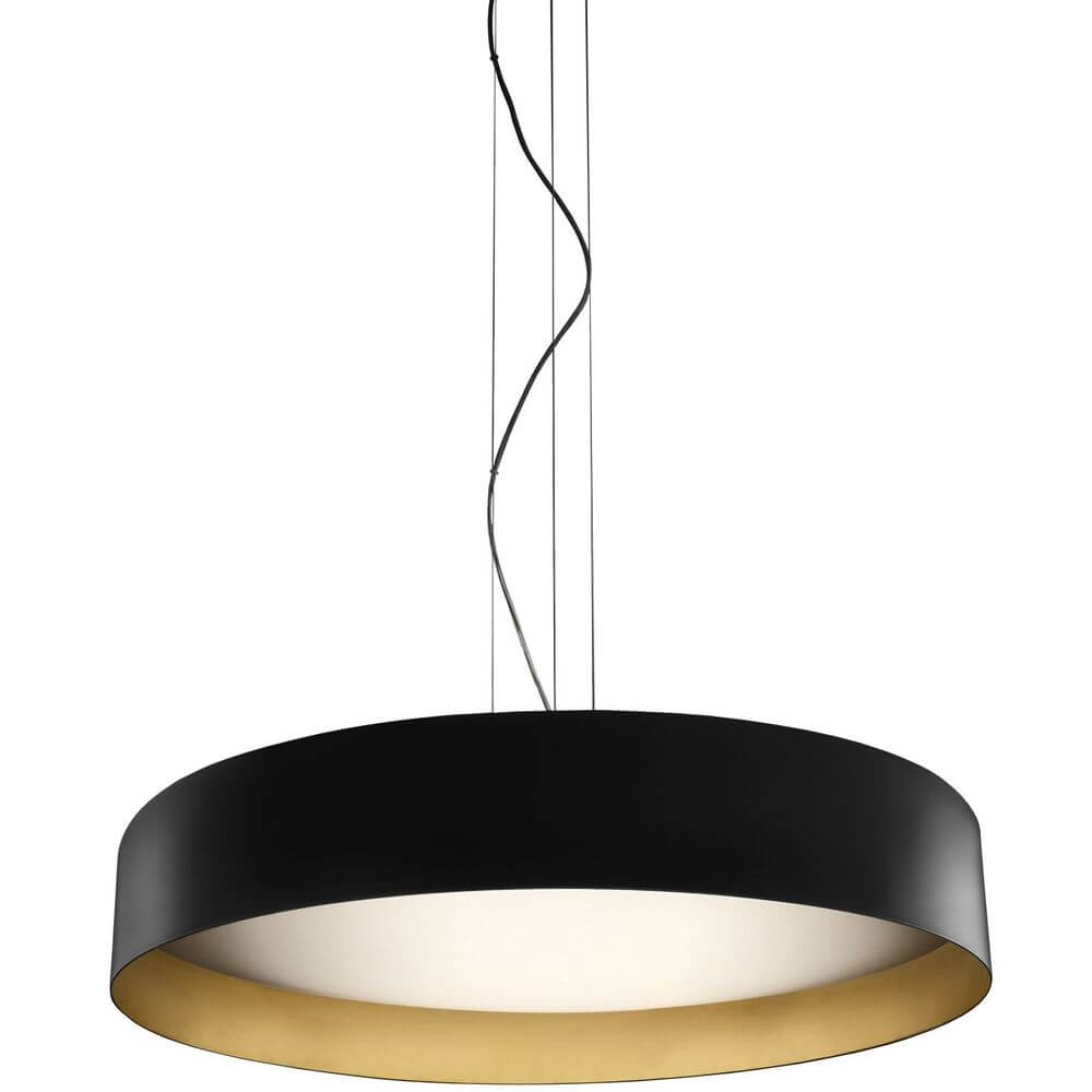 Panzeri Ginevra LED Hängelampe indirekt/direkt in Schwarz und Gold mit mikroprismatischem Diffusor.