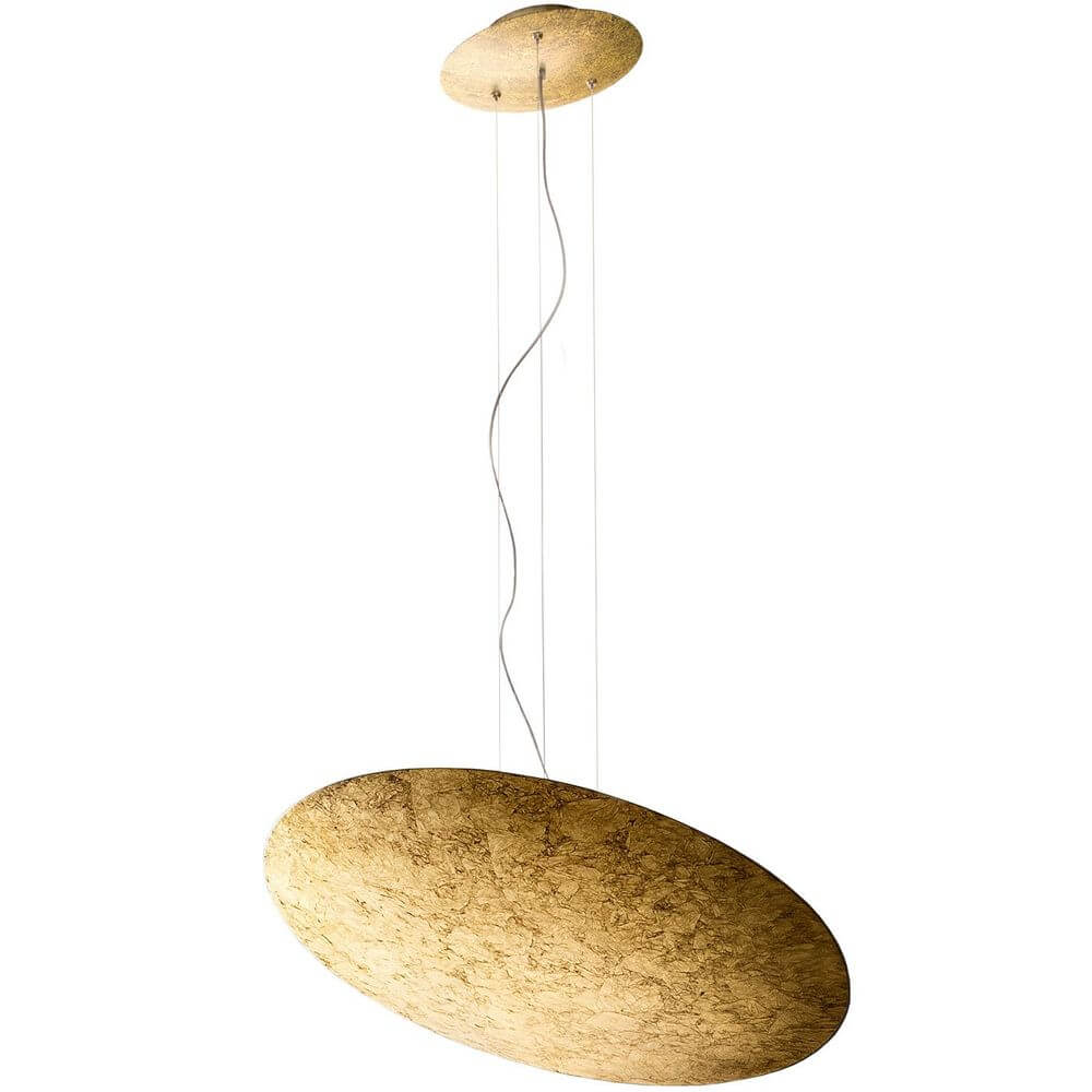 Panzeri Gong LED-Pendelleuchte in elegantem goldenen Design, schwebend mit indirektem Licht.