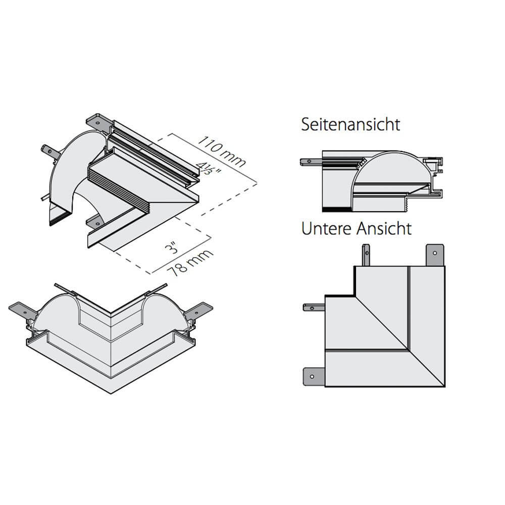 Panzeri Manhattan Ecken für Einbauprofil, 90° Winkel, seitliche und untere Ansichten für Montage.