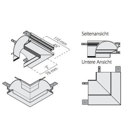 Panzeri Manhattan Ecken für Einbauprofil, 90° Winkel, seitliche und untere Ansichten für Montage.