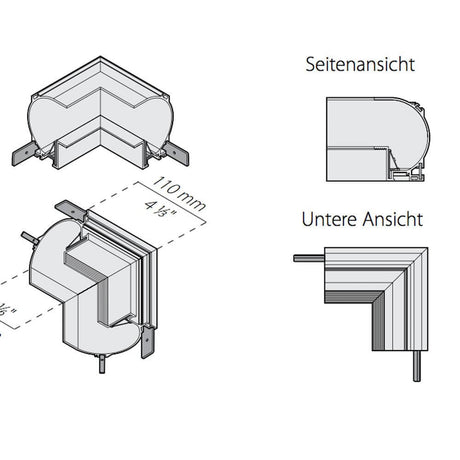 Panzeri Manhattan Ecken für Einbauprofil, technische Zeichnungen und Ansichten, Seiten- und Unteransicht.