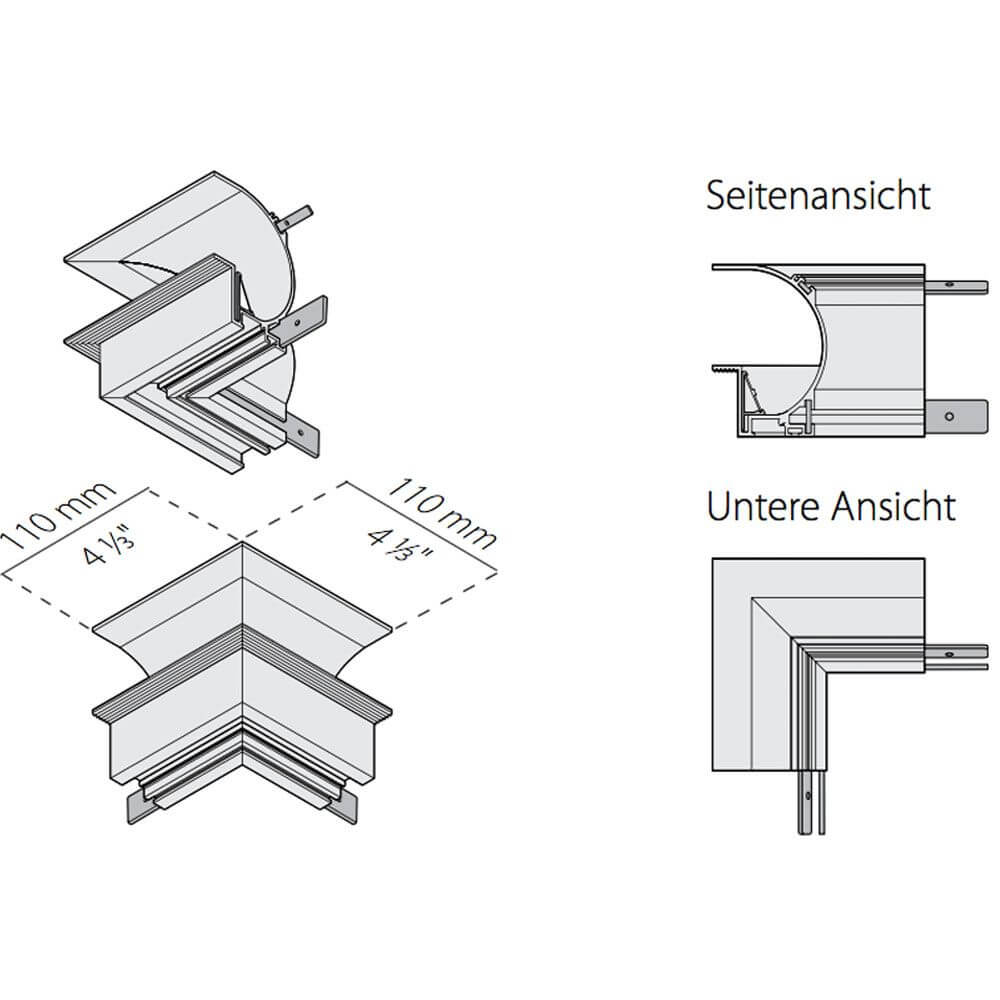 Panzeri Manhattan Ecken für Einbauprofil: technische Zeichnung mit Ansichten und Maßangaben.