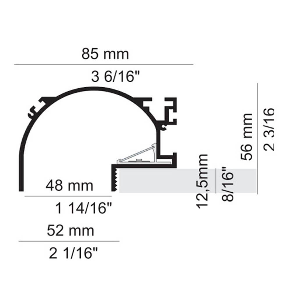 Panzeri Manhattan Einbauprofil für LED-Strips Maßzeichnung mit Abmessungen und Details.