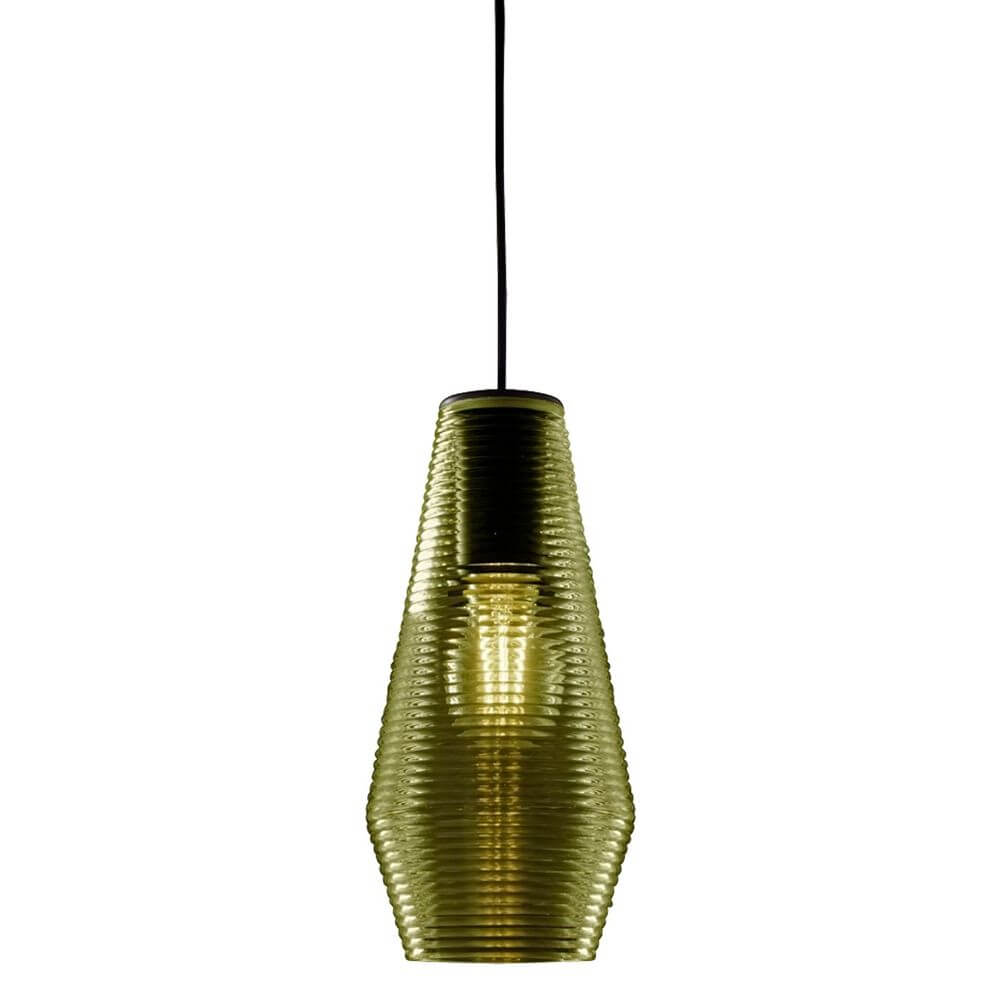 Panzeri Olivia Pendellampe mit geripptem Glas in gelber Farbe, modernes Retro-Design.