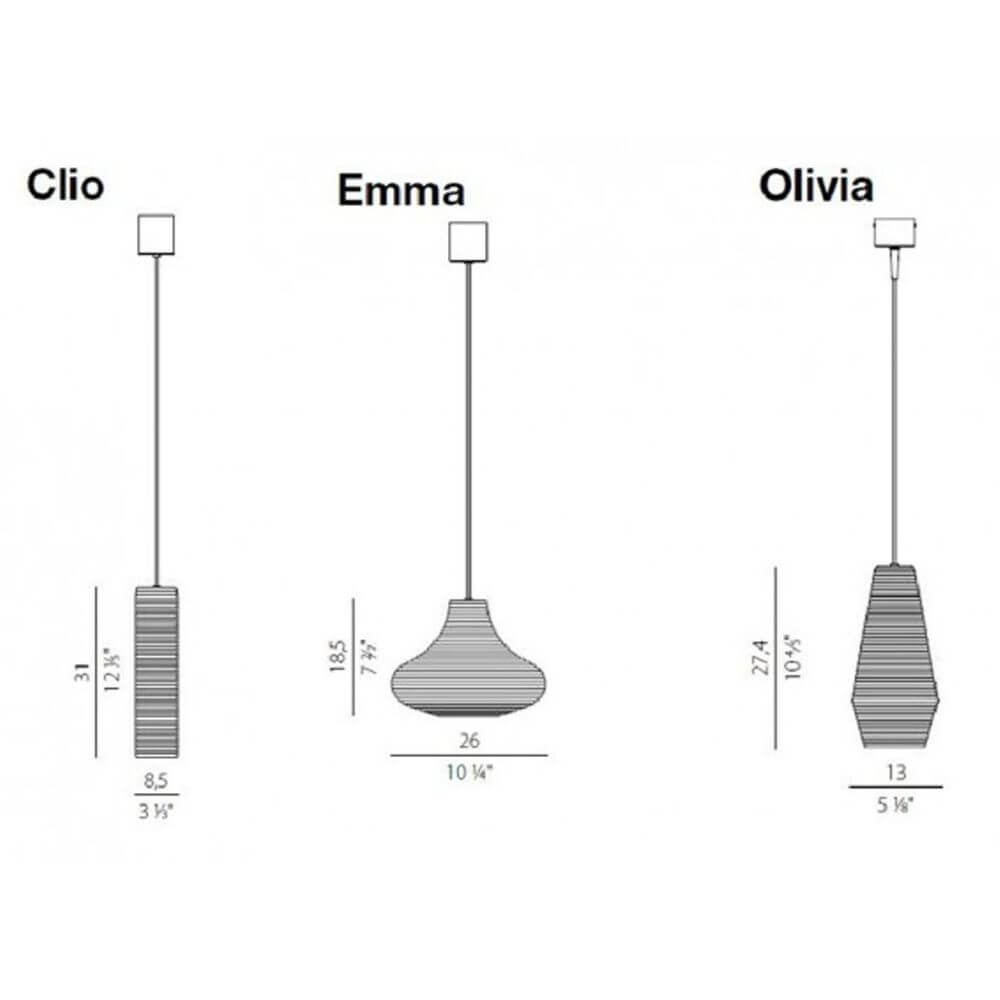 Panzeri Olivia Pendellampe mit geripptem Glas - Maßzeichnung mit Clio, Emma und Olivia Modellen