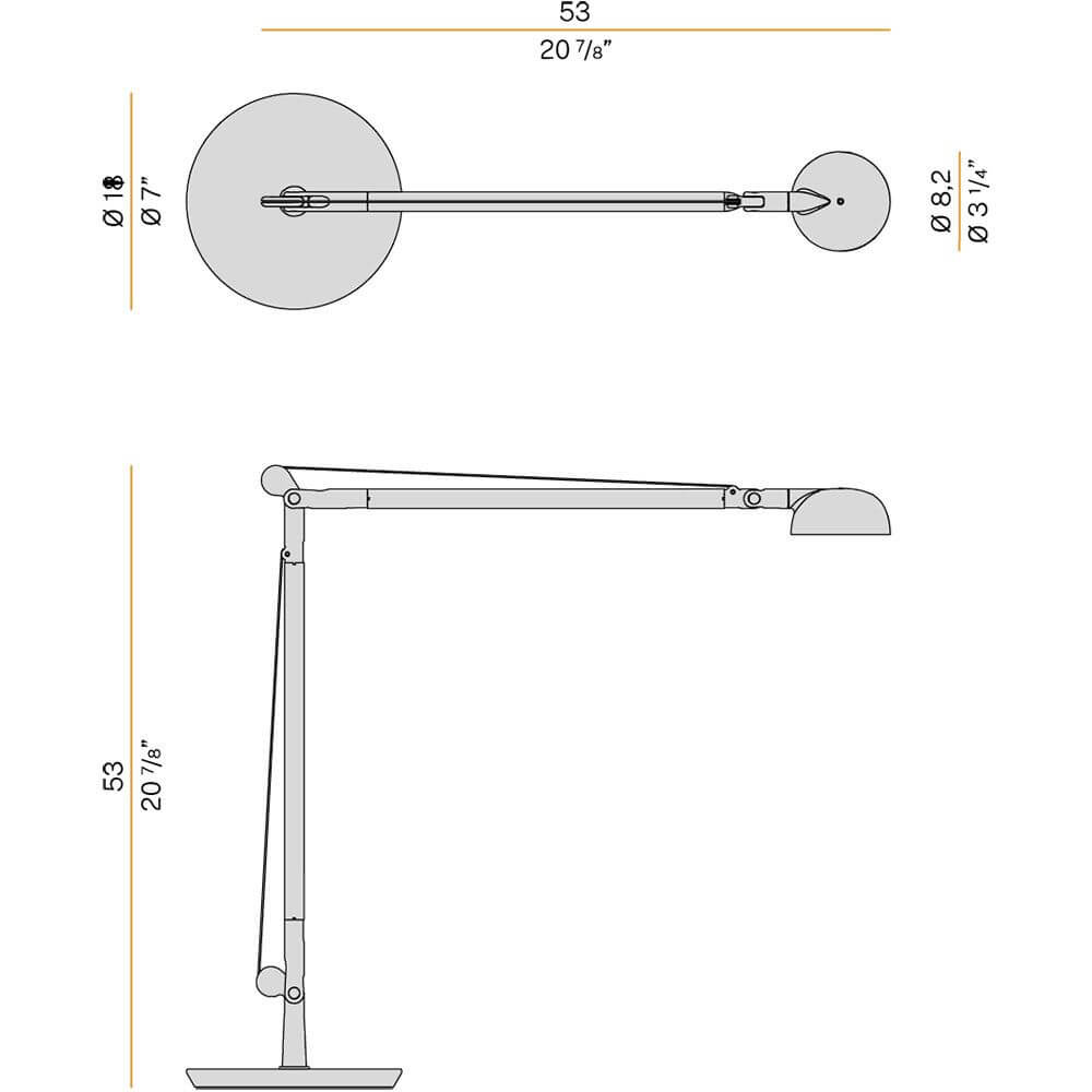 Technische Zeichnung der Panzeri Opuntia LED-Schreibtischlampe CCT-Dimmbar mit Maßangaben.
