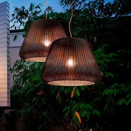 Panzeri Ralph rattan outdoor pendant light XXL on an outdoor ceiling, handwoven lampshade made of rattan.