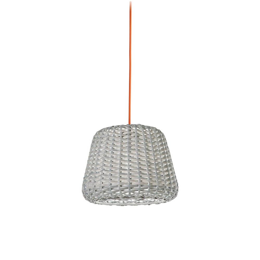 Panzeri Ralph Rattan Pendelleuchte XXL für Außen, handgeflochtener Lampenschirm in Weiß mit orangefarbenem Kabel