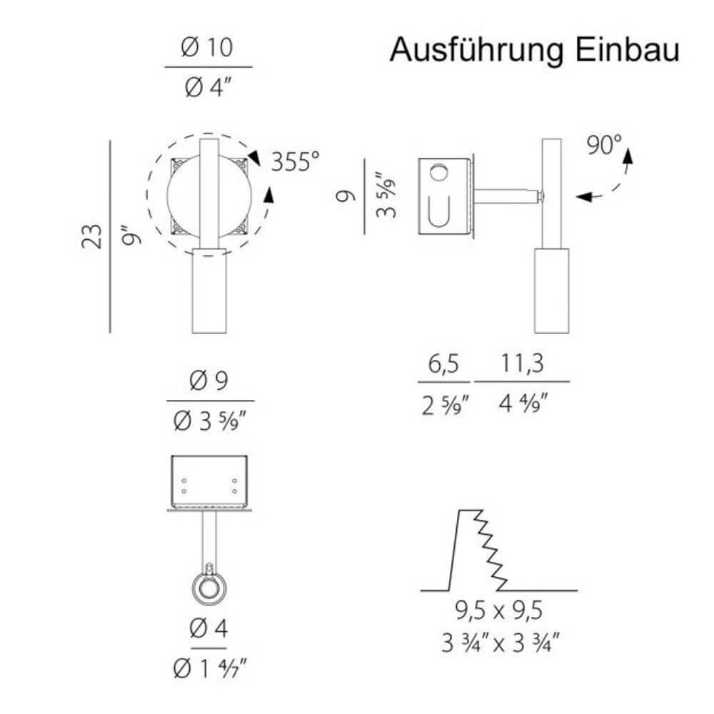 Tekninen piirustus Panzeri Tubino LED-upotettavasta kattovalaisimesta tai seinävalaisimesta mittoineen ja säädettävyyksineen.
