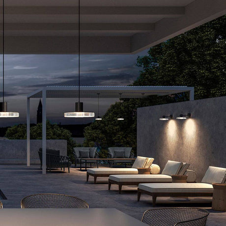 Panzeri Venexia outdoor pendant light LED IP65 in a modern outdoor setting at dusk.