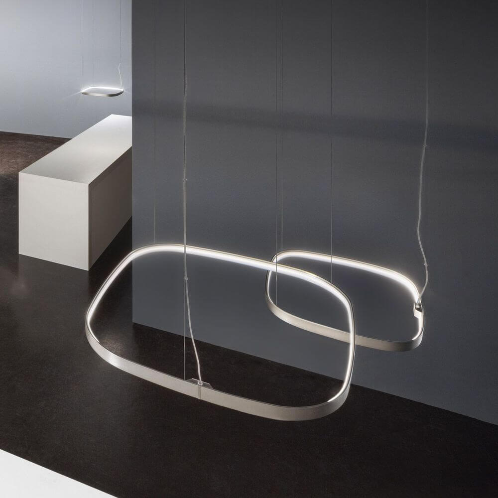 Lampa wisząca Panzeri Zero Square LED w eleganckim designie z pośrednim światłem i profilem aluminiowym.