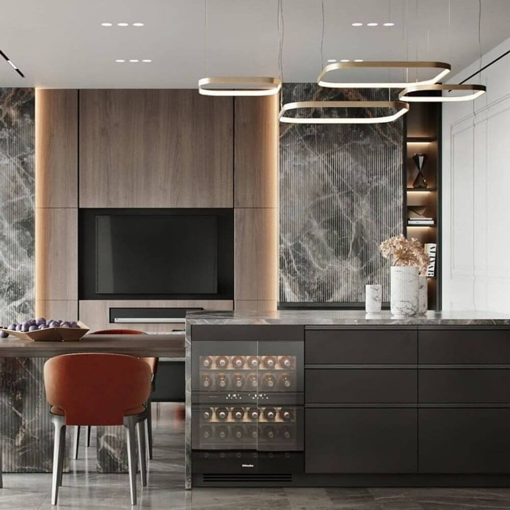 Nowoczesna kuchnia z lampą wiszącą Panzeri Zero Square LED oraz eleganckim wykończeniem z drewna i kamienia.