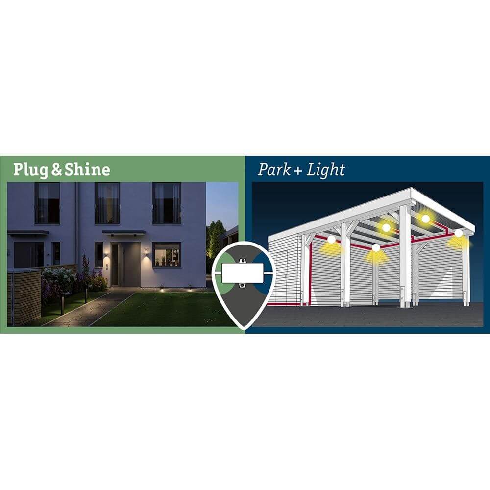 Park + Light Verteiler Schwarz IP67 mit Plug & Shine System für Gartenbeleuchtung und Sicherheit.