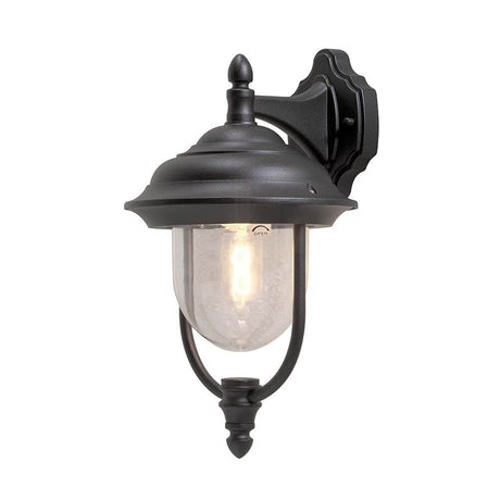 Parma Außen-Wandleuchte Schwarz, klares Acrylglas an einer Wand montiert mit warmem Licht.