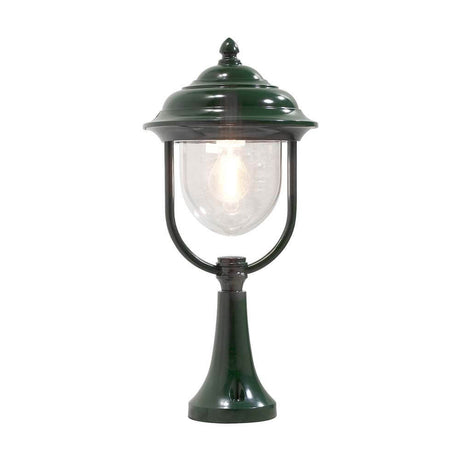Lampada da base Parma verde, vetro acrilico trasparente con struttura verde e paralume trasparente.