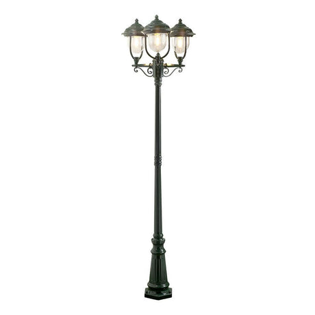 Lampadaire Parma avec 3 têtes d’éclairage vertes, en acrylique transparent sur un socle élégant.