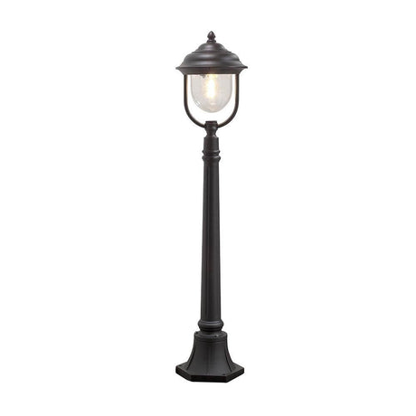 Parma Wegeleuchte Schwarz, klares Acrylglas auf einem eleganten, schwarzen Sockel mit klarem Lampenschirm.
