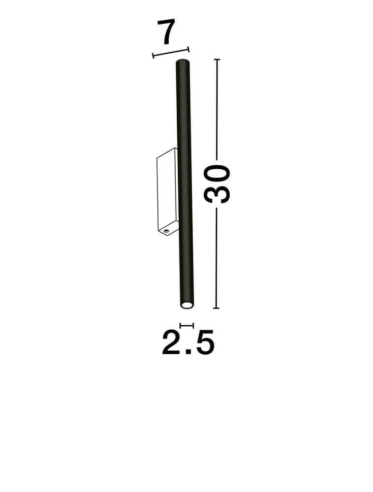 Maßzeichnung der Paron LED Wandleuchte Geriffelt 3000K, elegante Form mit schwarzen und goldfarbenen Elementen.